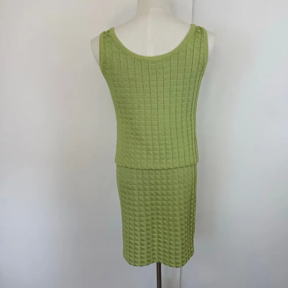 St. John Matching SET Santana Knit Sleeveless Top and Skirt Lime Green S/2